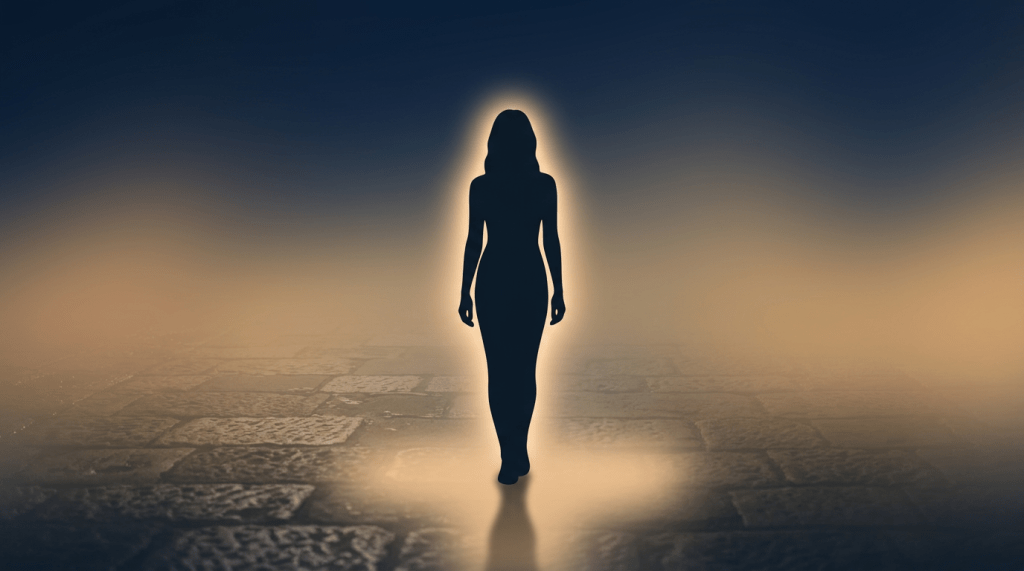 Silhouette of a child with a backpack standing on a dimly lit cobblestone street at night